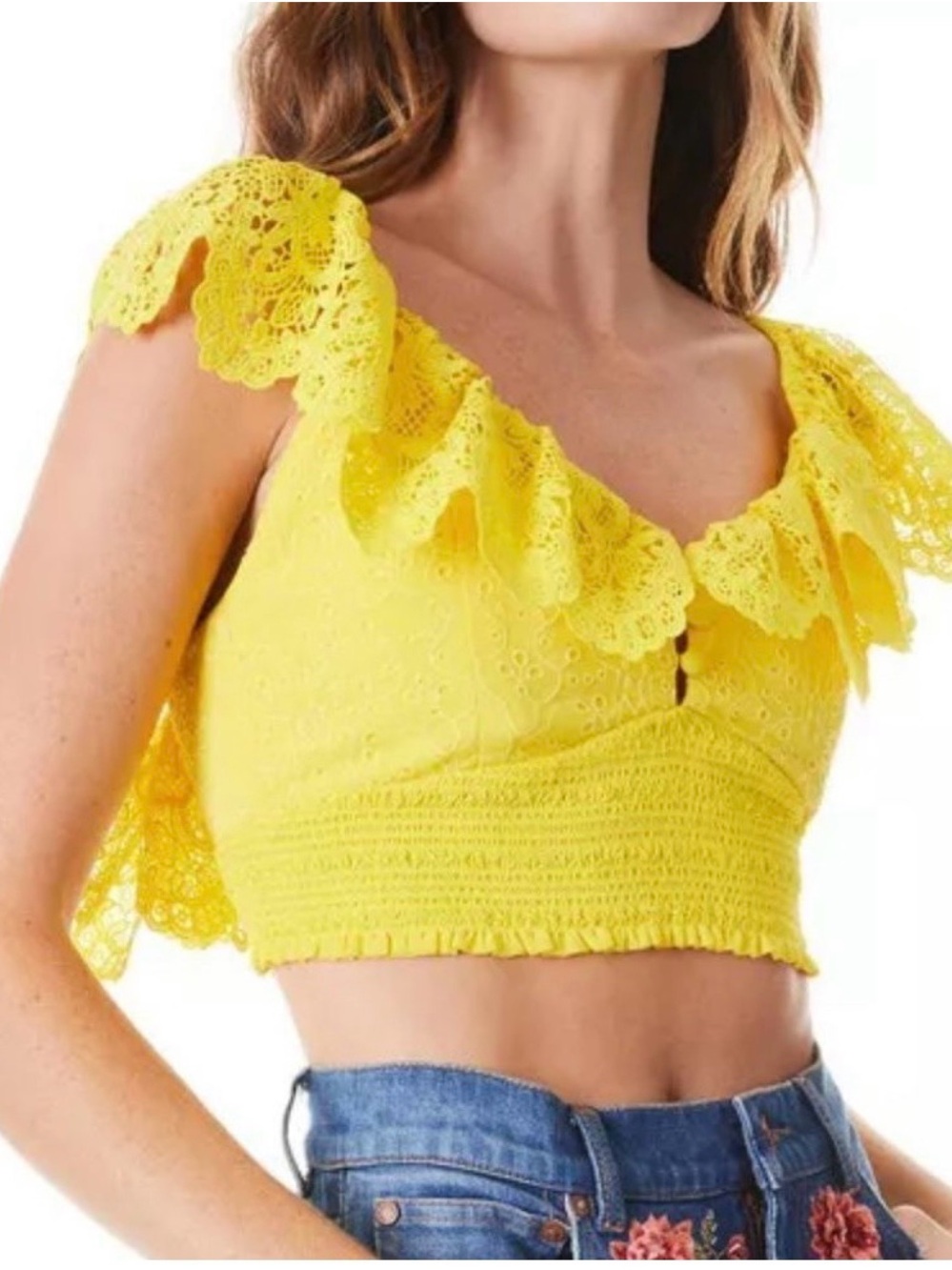 Alice + Olivia Yellow Lace Ruffle Crop Top